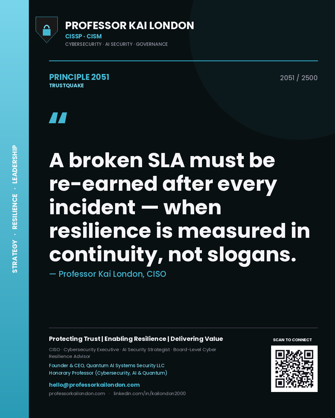 Quote card by Professor Kai London reading 'A broken SLA must be re-earned after every incident — when resilience is measured in continuity, not slogans.'. From the book Trustquake.