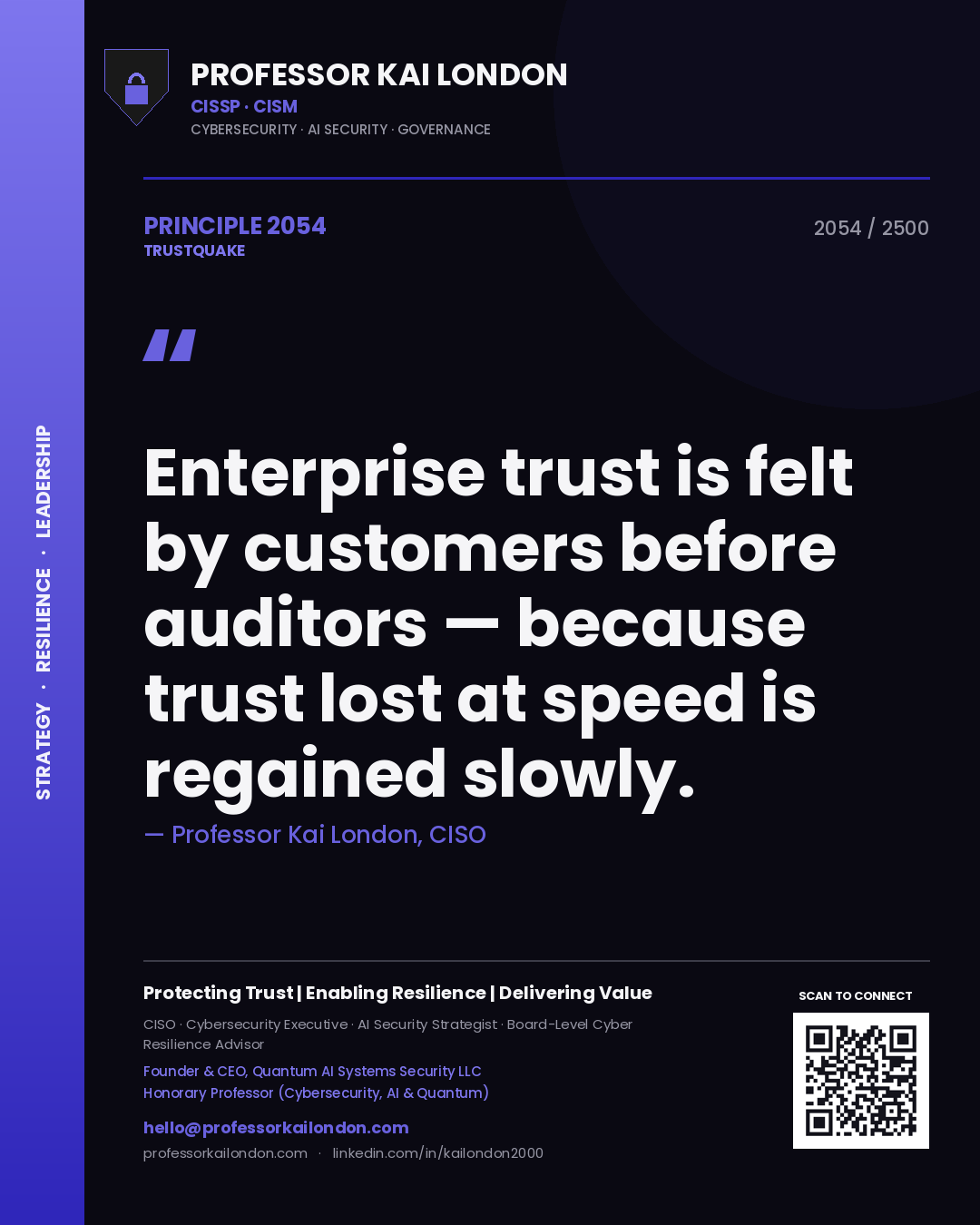 Quote card by Professor Kai London reading 'Enterprise trust is felt by customers before auditors — because trust lost at speed is regained slowly.'. From the book Trustquake.