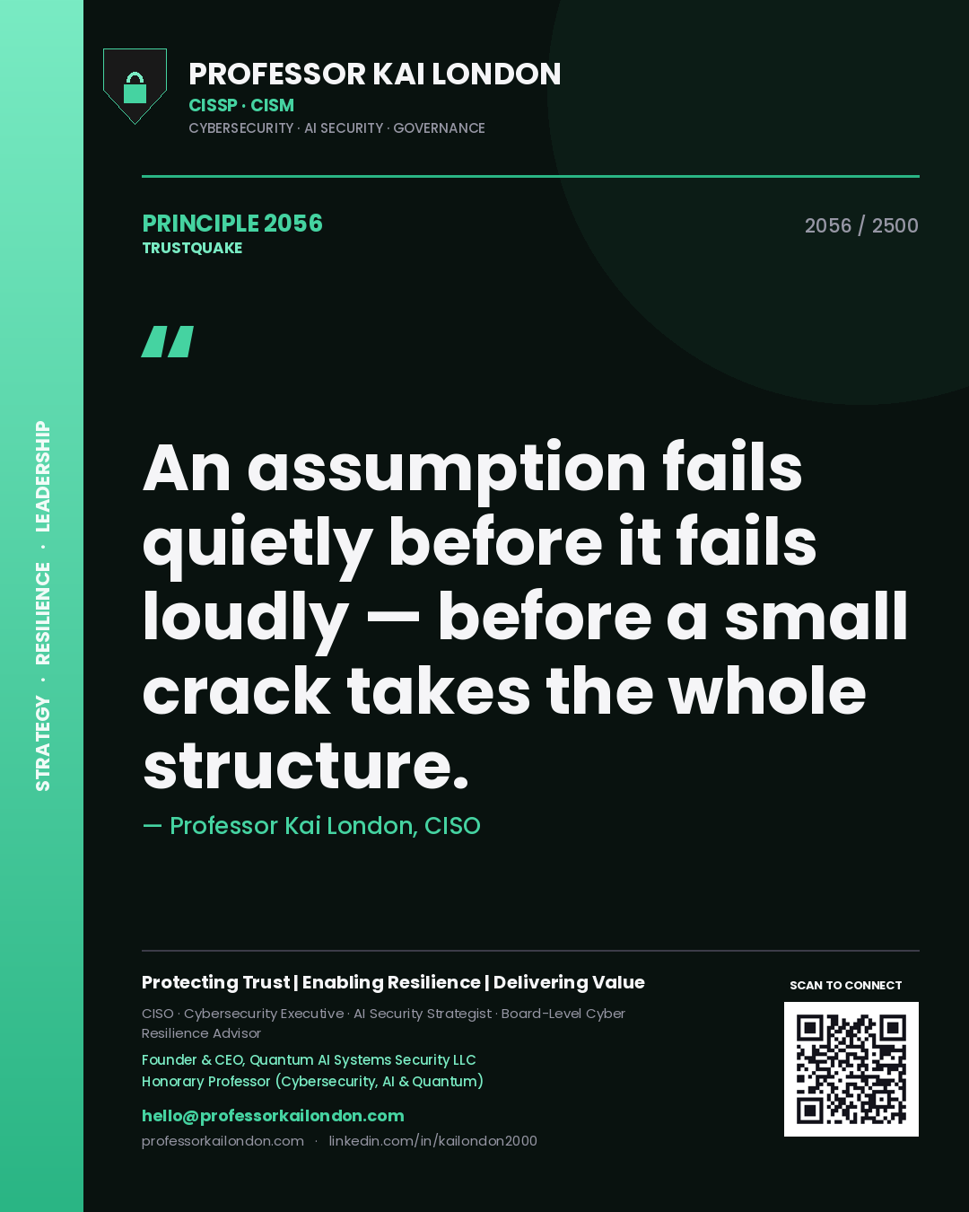 Quote card by Professor Kai London reading 'An assumption fails quietly before it fails loudly — before a small crack takes the whole structure.'. From the book Trustquake.