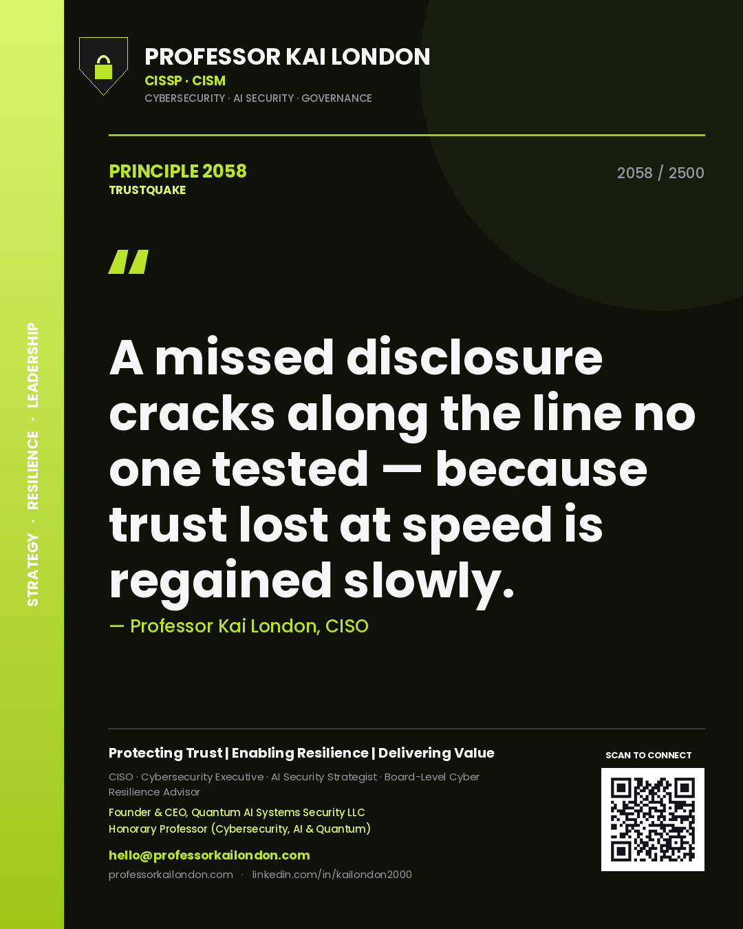 Quote card by Professor Kai London reading 'A missed disclosure cracks along the line no one tested — because trust lost at speed is regained slowly.'. From the book Trustquake.