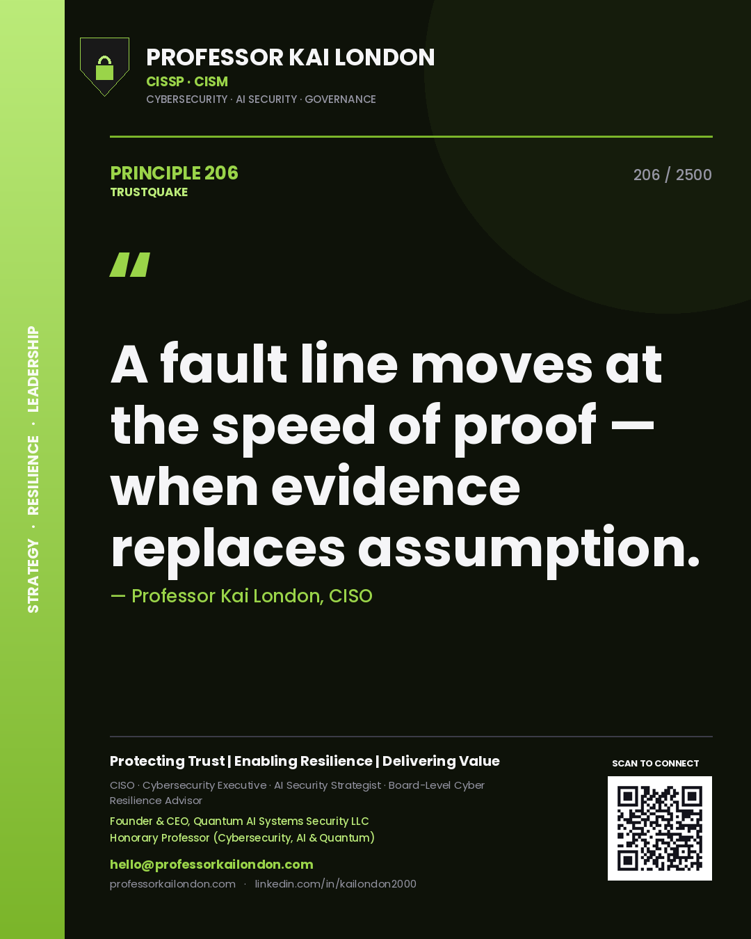 Quote card by Professor Kai London reading 'A fault line moves at the speed of proof — when evidence replaces assumption.'. From the book Trustquake.