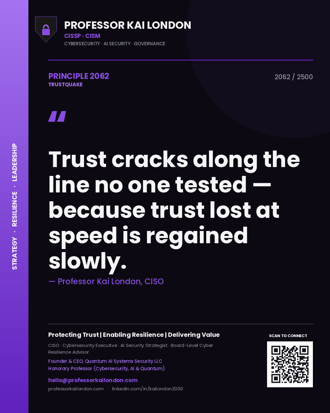 Quote card by Professor Kai London reading 'Trust cracks along the line no one tested — because trust lost at speed is regained slowly.'. From the book Trustquake.