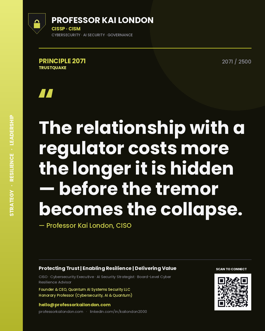 Professor Kai London principle 2071: The relationship with a regulator costs more the longer it is hidden — before the tremor becomes the collapse.