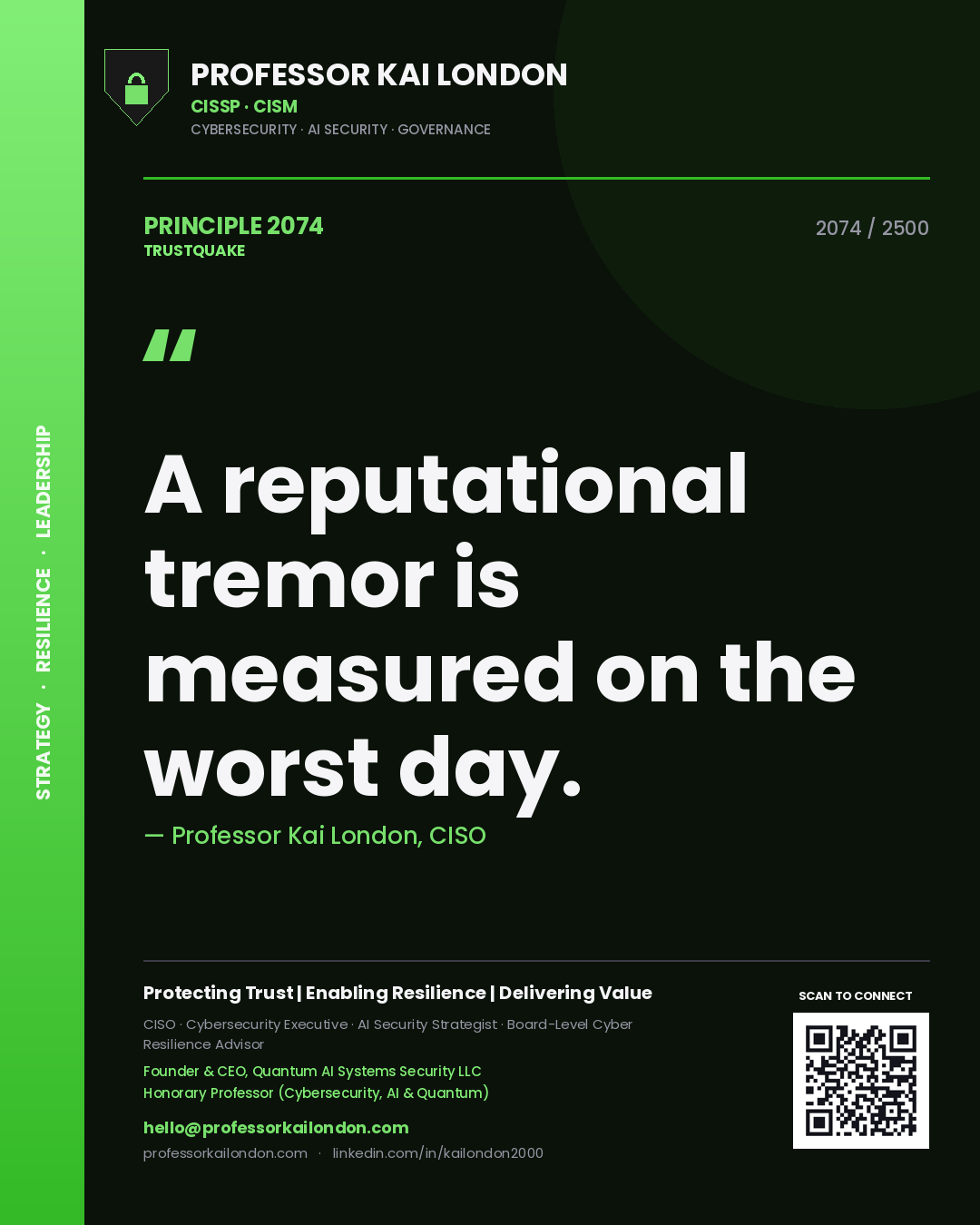 Quote card by Professor Kai London reading 'A reputational tremor is measured on the worst day.'. From the book Trustquake.
