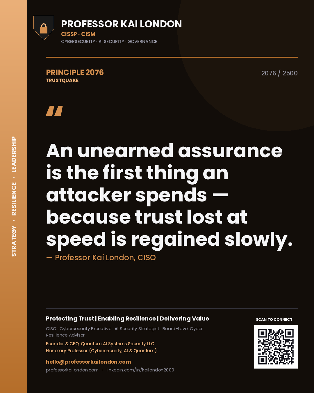 Quote card by Professor Kai London reading 'An unearned assurance is the first thing an attacker spends — because trust lost at speed is regained slowly.'. From the book Trustquake.