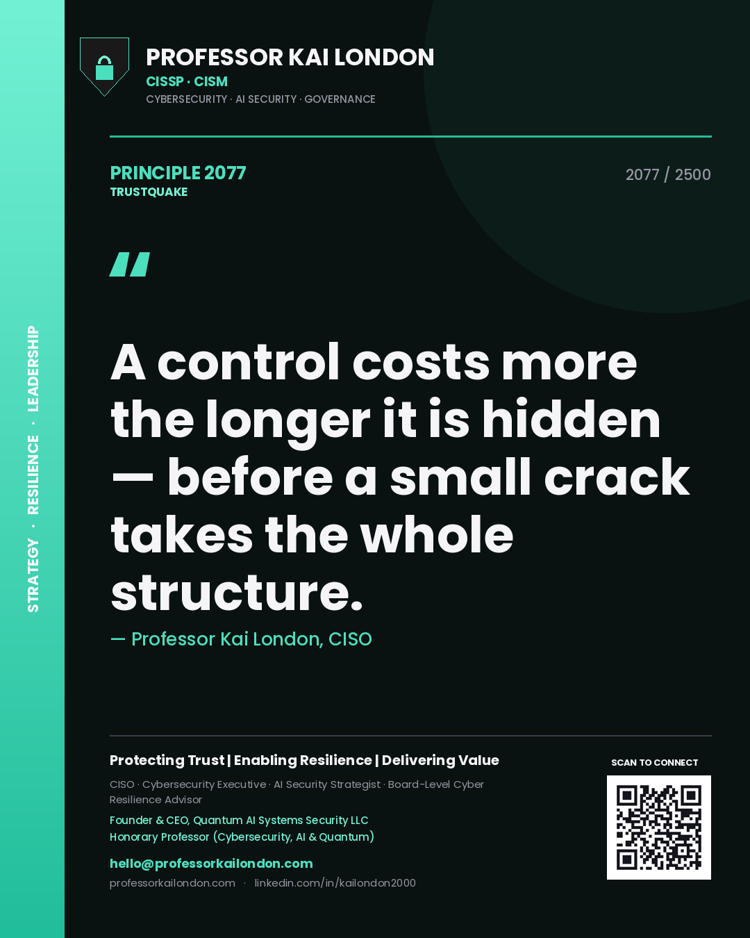 Quote card by Professor Kai London reading 'A control costs more the longer it is hidden — before a small crack takes the whole structure.'. From the book Trustquake.