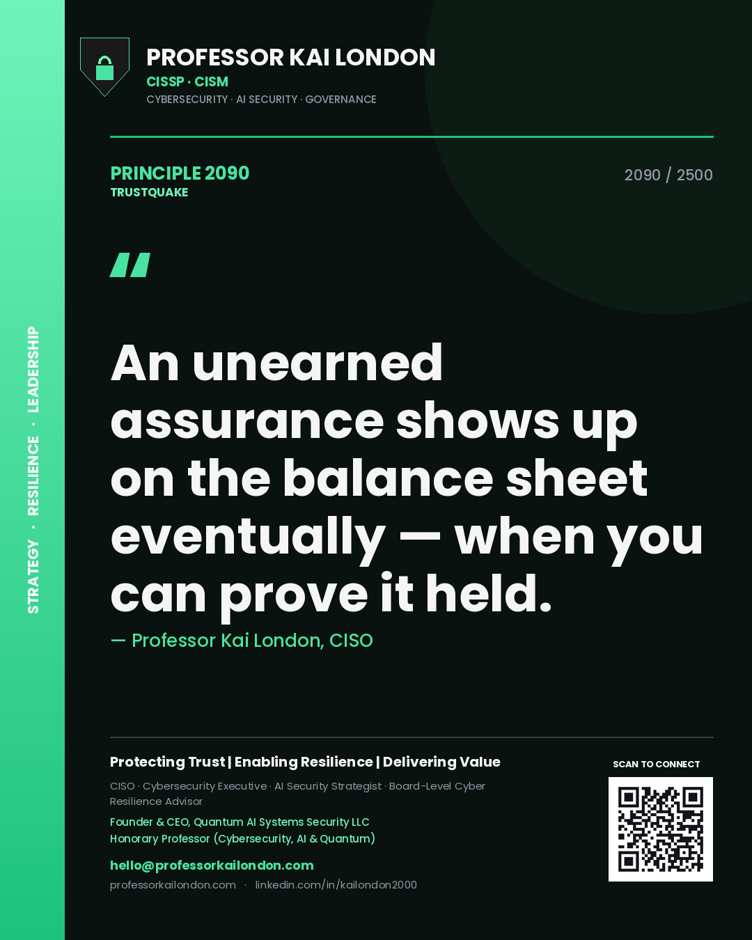 Quote card by Professor Kai London reading 'An unearned assurance shows up on the balance sheet eventually — when you can prove it held.'. From the book Trustquake.