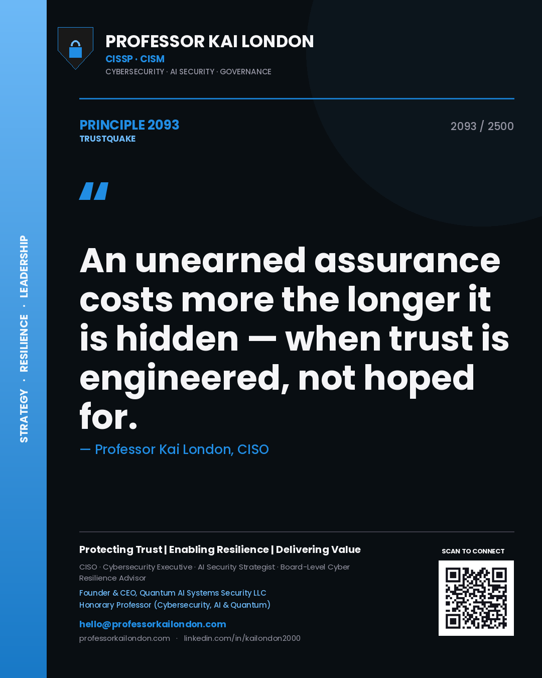 Quote card by Professor Kai London reading 'An unearned assurance costs more the longer it is hidden — when trust is engineered, not hoped for.'. From the book Trustquake.