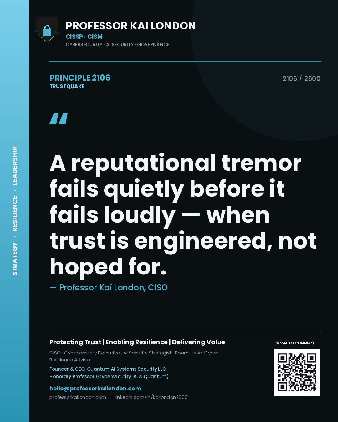 Quote card by Professor Kai London reading 'A reputational tremor fails quietly before it fails loudly — when trust is engineered, not hoped for.'. From the book Trustquake.