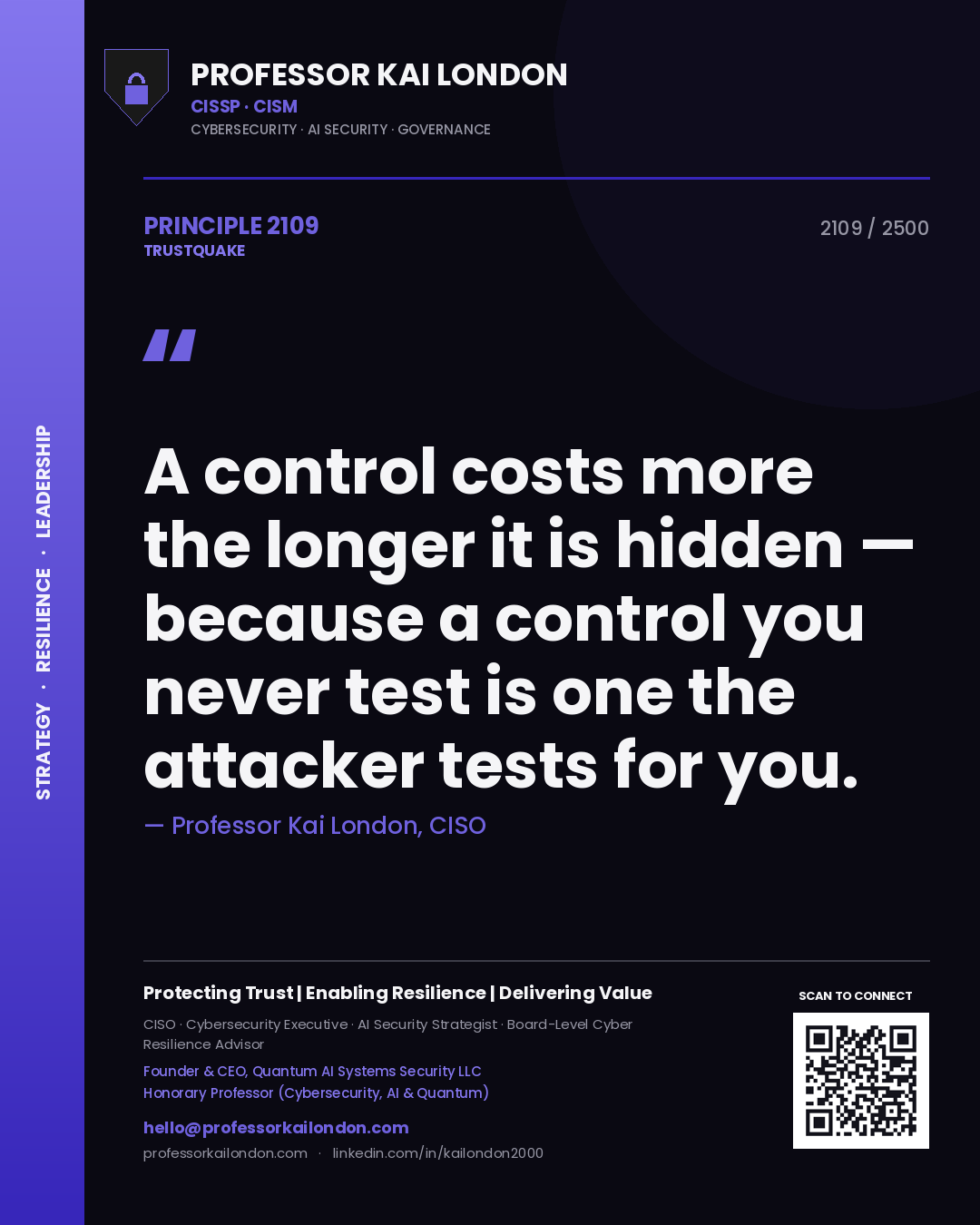 Quote card by Professor Kai London reading 'A control costs more the longer it is hidden — because a control you never test is one the attacker tests for you.'. From the book Trustquake.