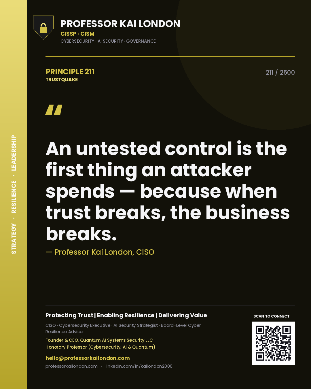 Quote card by Professor Kai London reading 'An untested control is the first thing an attacker spends — because when trust breaks, the business breaks.'. From the book Trustquake.