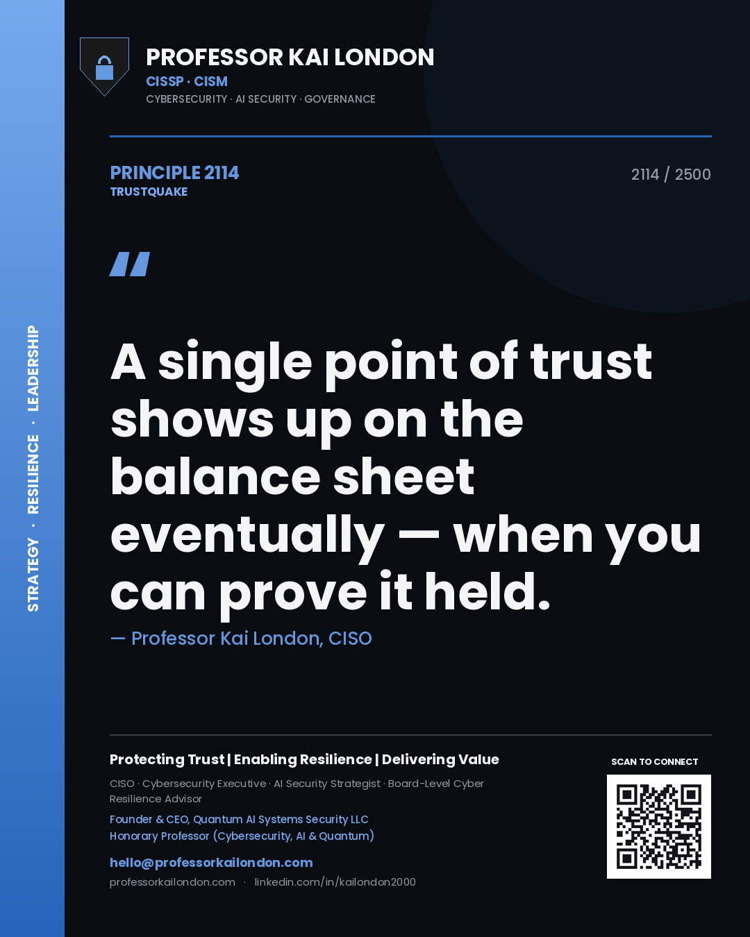 Quote card by Professor Kai London reading 'A single point of trust shows up on the balance sheet eventually — when you can prove it held.'. From the book Trustquake.