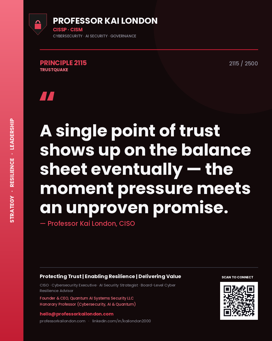 Quote card by Professor Kai London reading 'A single point of trust shows up on the balance sheet eventually — the moment pressure meets an unproven promise.'. From the book Trustquake.