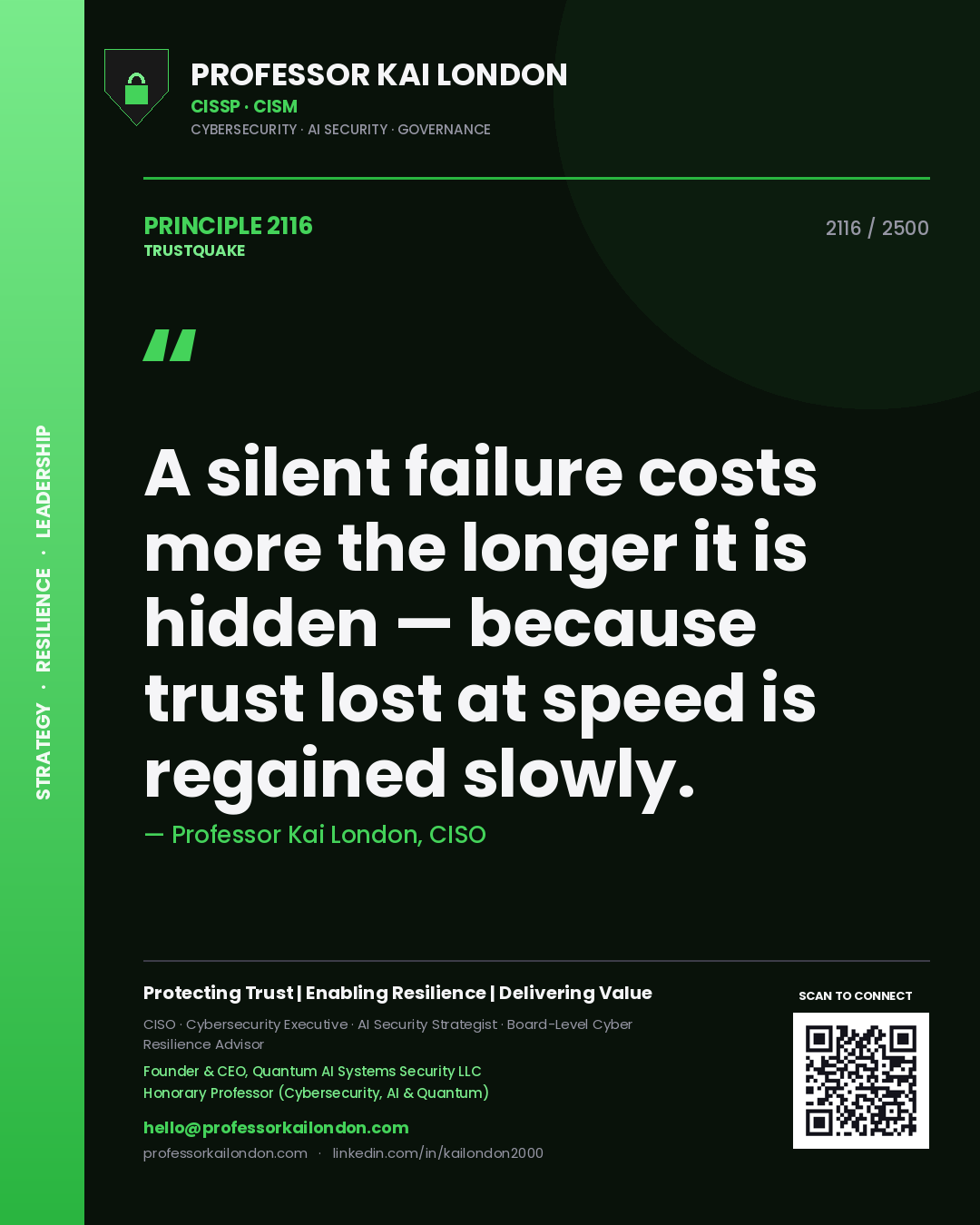 Quote card by Professor Kai London reading 'A silent failure costs more the longer it is hidden — because trust lost at speed is regained slowly.'. From the book Trustquake.