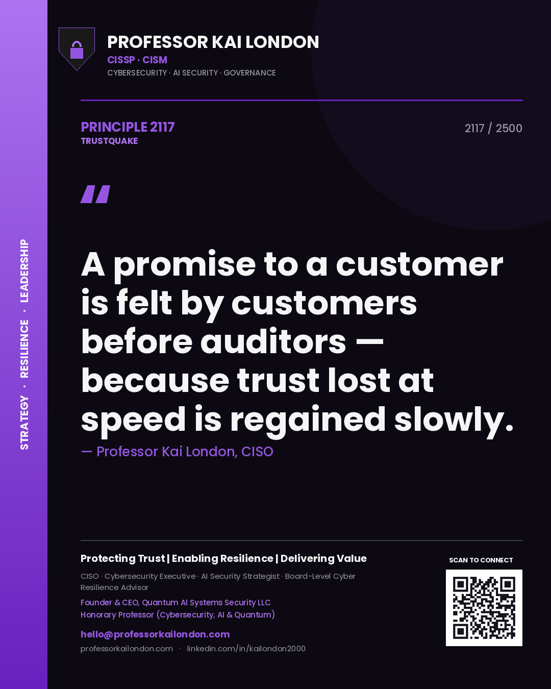 Professor Kai London principle 2117: A promise to a customer is felt by customers before auditors — because trust lost at speed is regained slowly.