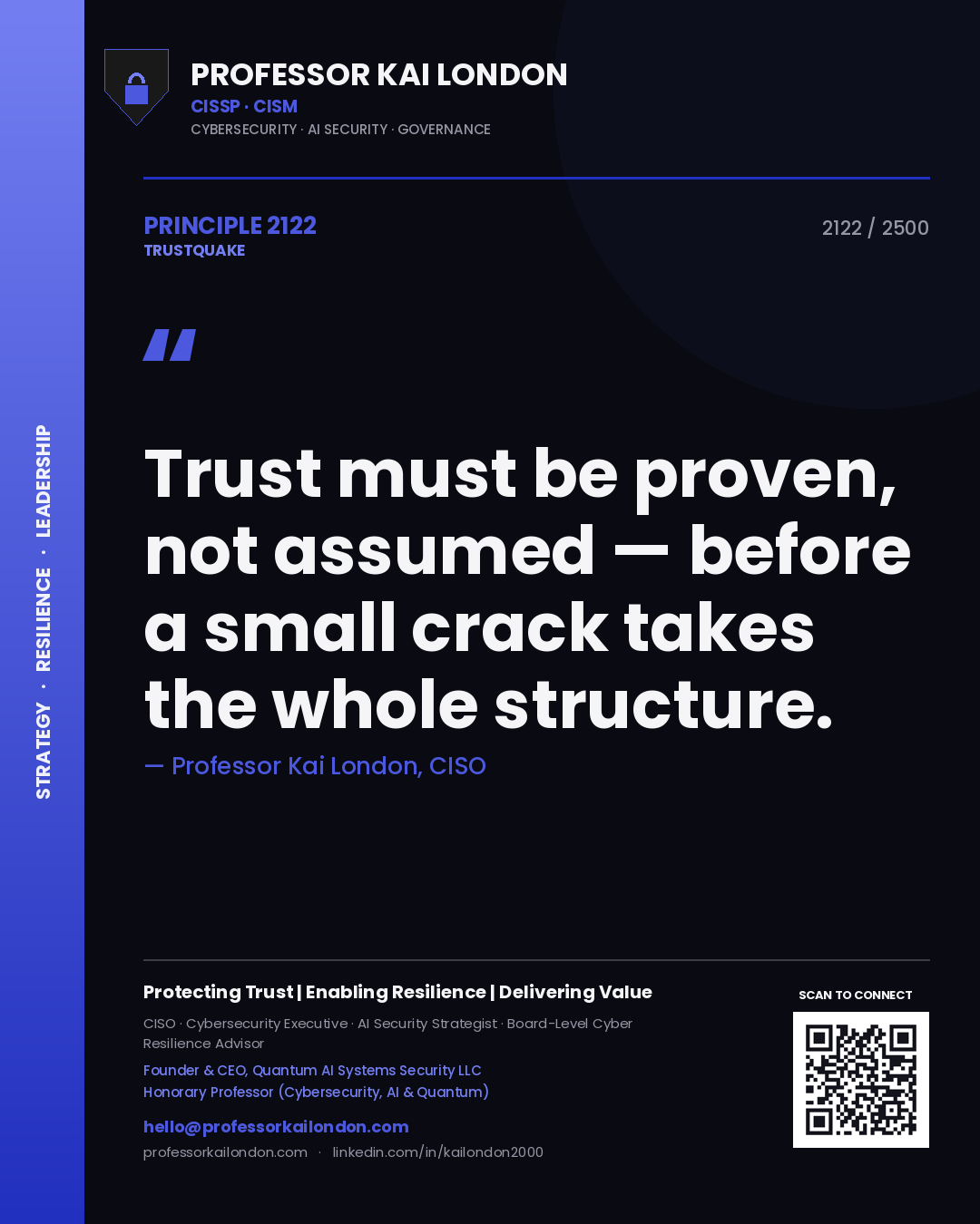 Quote card by Professor Kai London reading 'Trust must be proven, not assumed — before a small crack takes the whole structure.'. From the book Trustquake.