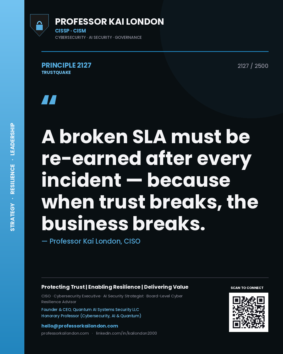Quote card by Professor Kai London reading 'A broken SLA must be re-earned after every incident — because when trust breaks, the business breaks.'. From the book Trustquake.