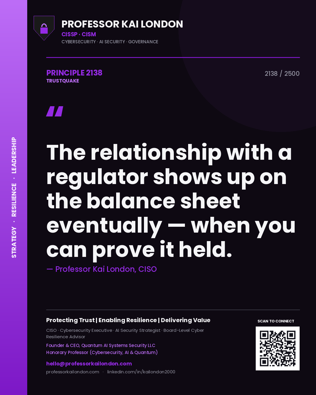 Quote card by Professor Kai London reading 'The relationship with a regulator shows up on the balance sheet eventually — when you can prove it held.'. From the book Trustquake.
