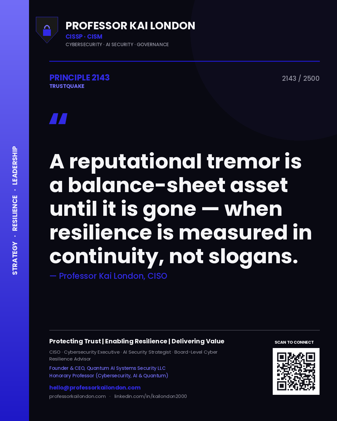 Professor Kai London principle 2143: A reputational tremor is a balance-sheet asset until it is gone — when resilience is measured in continuity, not slogans.