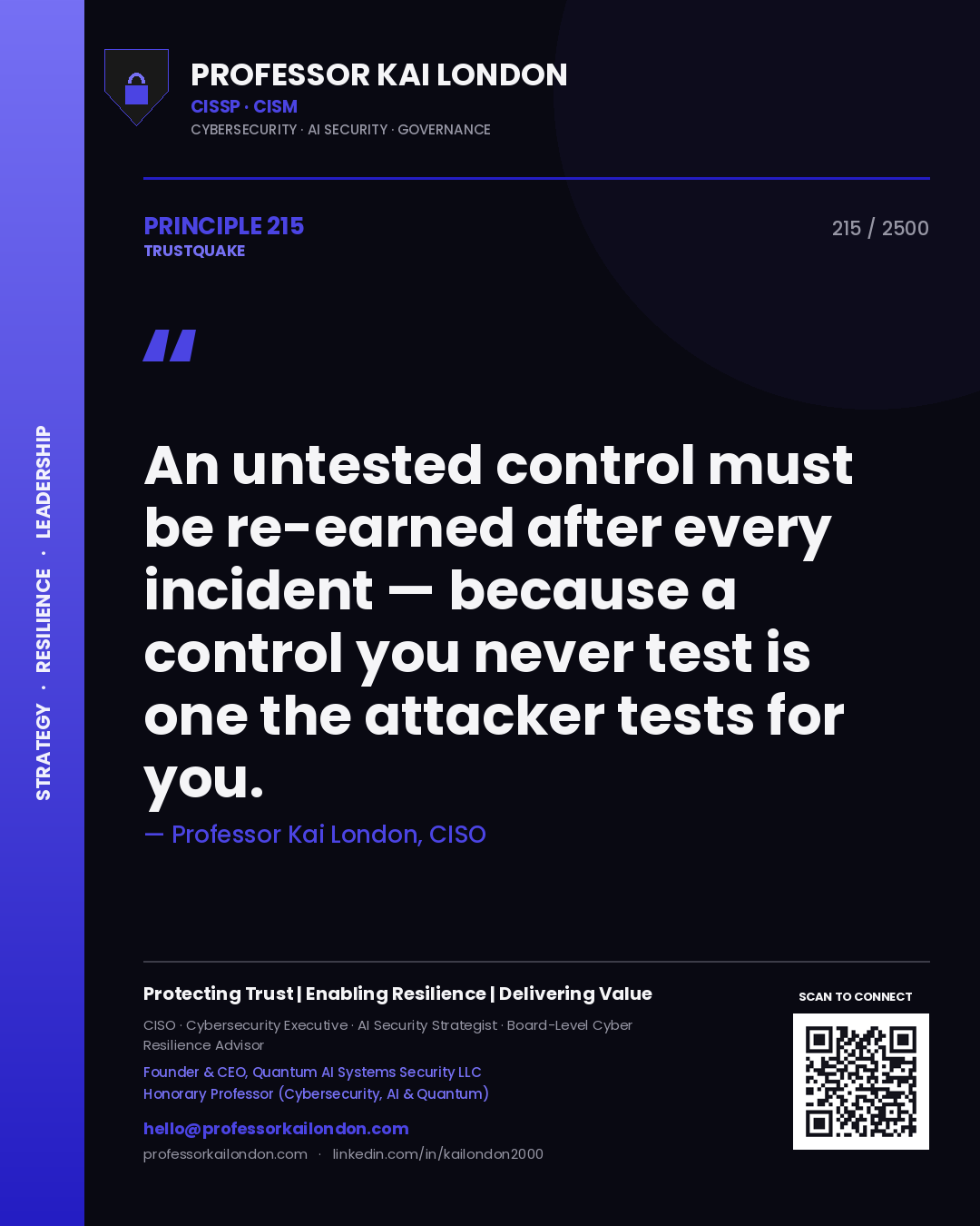 Quote card by Professor Kai London reading 'An untested control must be re-earned after every incident — because a control you never test is one the attacker tests for you.'. From the book Trustquake.