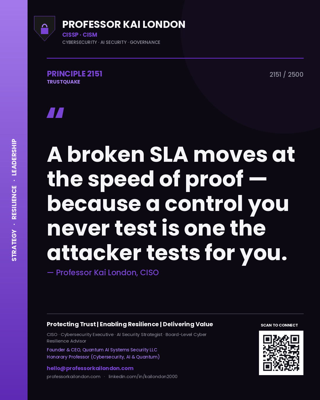 Professor Kai London principle 2151: A broken SLA moves at the speed of proof — because a control you never test is one the attacker tests for you.