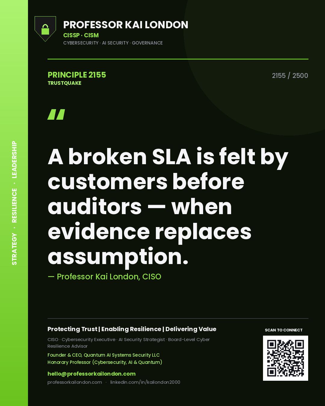 Quote card by Professor Kai London reading 'A broken SLA is felt by customers before auditors — when evidence replaces assumption.'. From the book Trustquake.