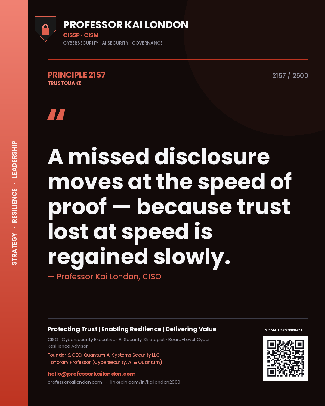 Quote card by Professor Kai London reading 'A missed disclosure moves at the speed of proof — because trust lost at speed is regained slowly.'. From the book Trustquake.