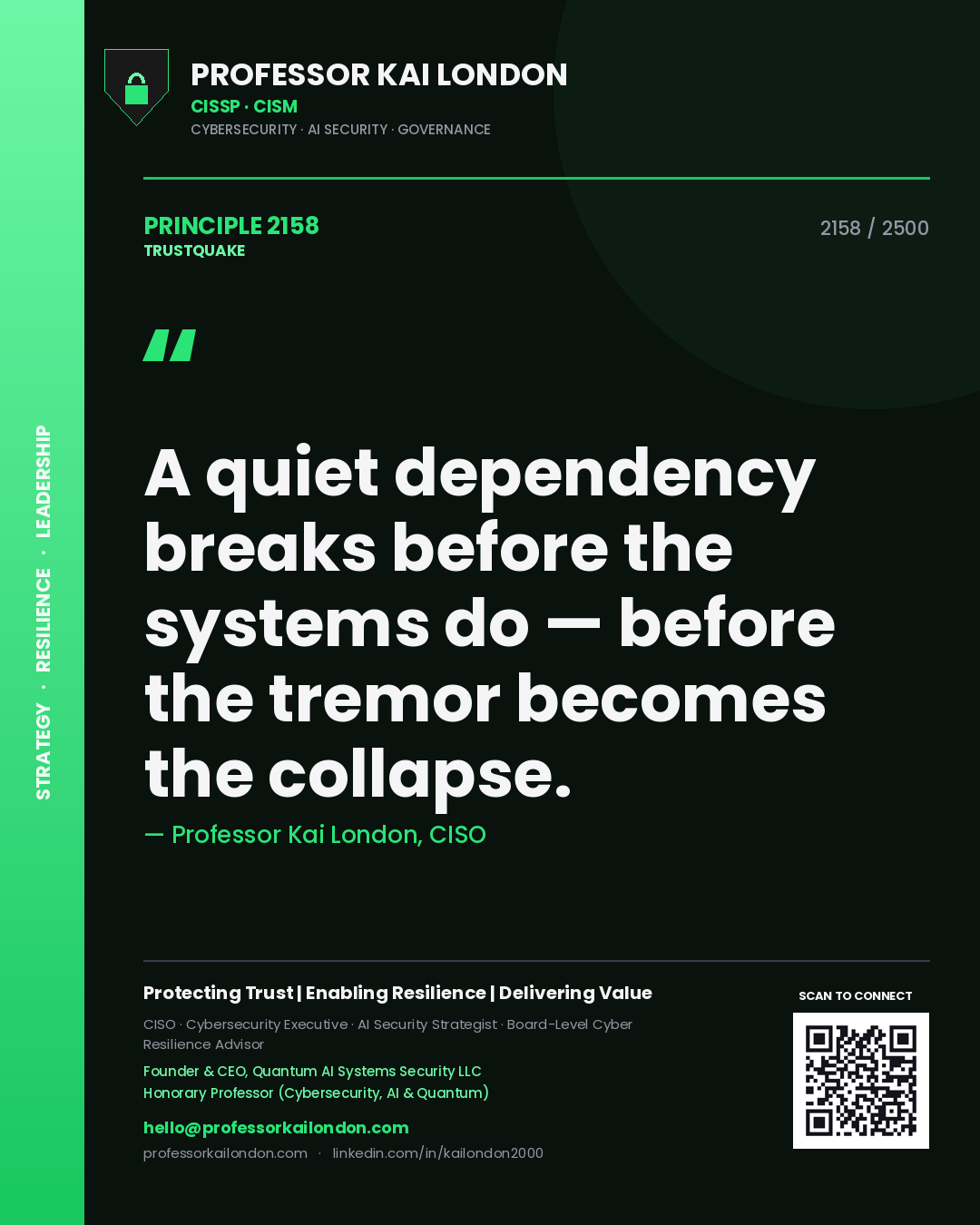 Quote card by Professor Kai London reading 'A quiet dependency breaks before the systems do — before the tremor becomes the collapse.'. From the book Trustquake.