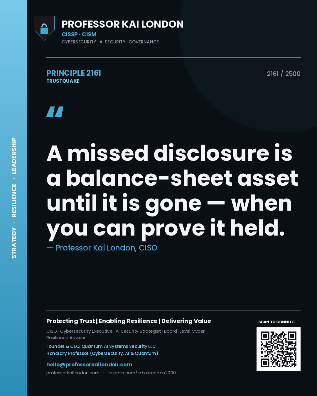 Quote card by Professor Kai London reading 'A missed disclosure is a balance-sheet asset until it is gone — when you can prove it held.'. From the book Trustquake.