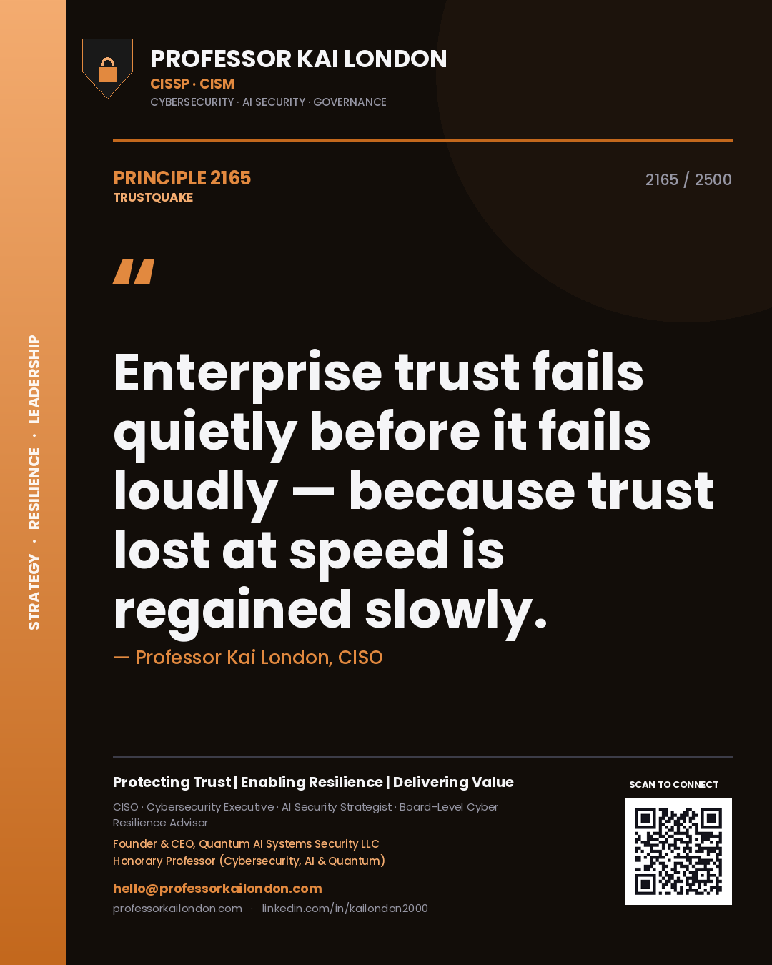 Quote card by Professor Kai London reading 'Enterprise trust fails quietly before it fails loudly — because trust lost at speed is regained slowly.'. From the book Trustquake.