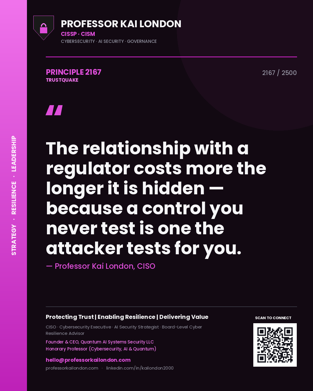 Professor Kai London principle 2167: The relationship with a regulator costs more the longer it is hidden — because a control you never test is one the attacker tests for you.