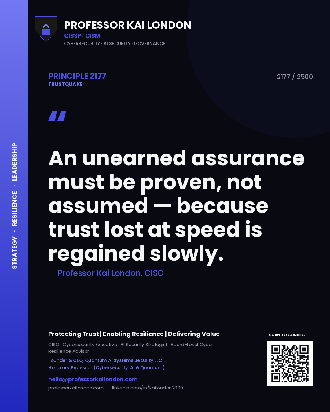Quote card by Professor Kai London reading 'An unearned assurance must be proven, not assumed — because trust lost at speed is regained slowly.'. From the book Trustquake.