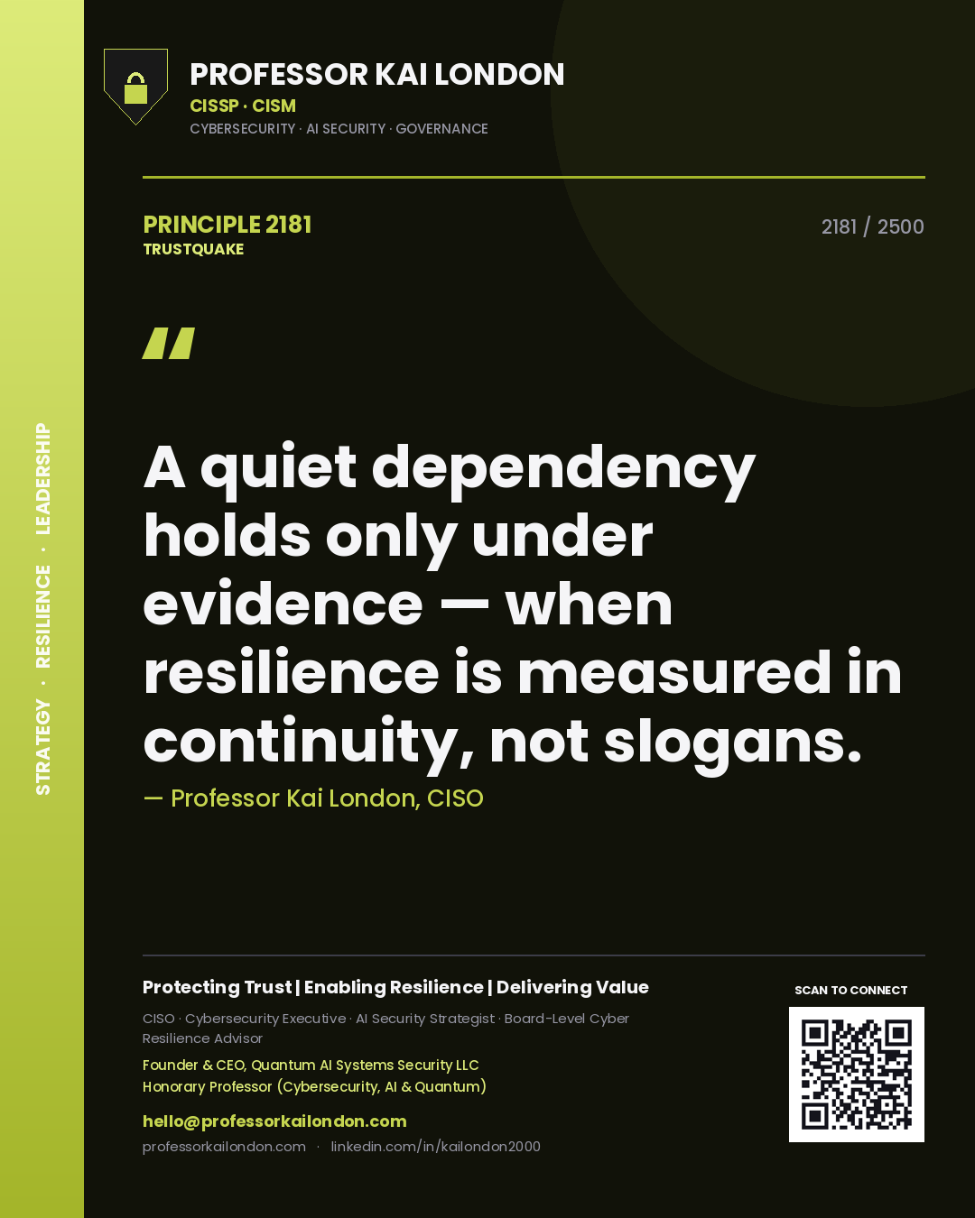 Quote card by Professor Kai London reading 'A quiet dependency holds only under evidence — when resilience is measured in continuity, not slogans.'. From the book Trustquake.