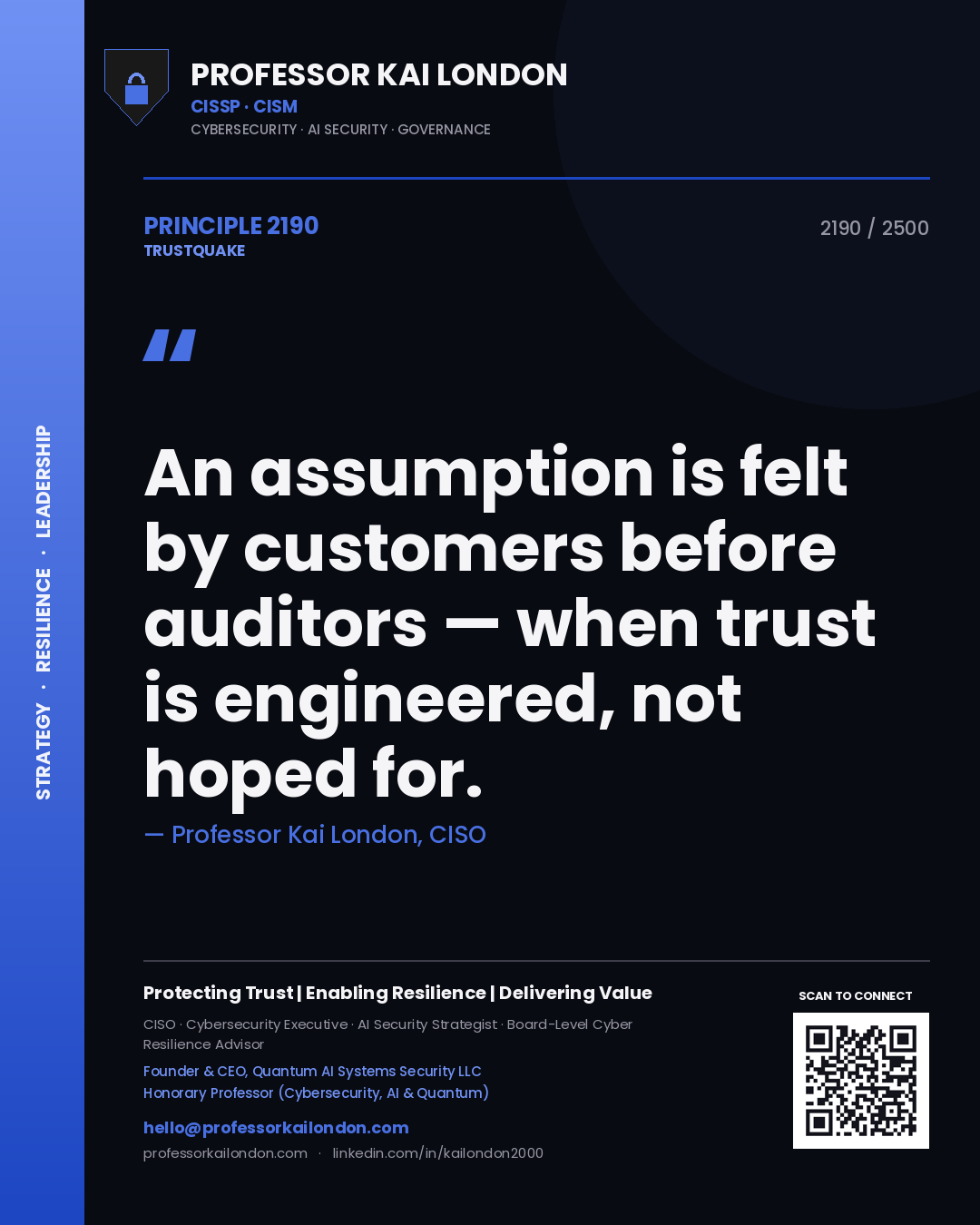 Quote card by Professor Kai London reading 'An assumption is felt by customers before auditors — when trust is engineered, not hoped for.'. From the book Trustquake.