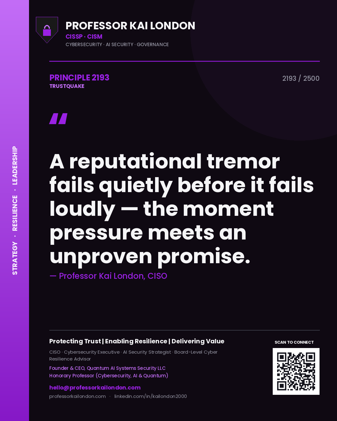 Quote card by Professor Kai London reading 'A reputational tremor fails quietly before it fails loudly — the moment pressure meets an unproven promise.'. From the book Trustquake.
