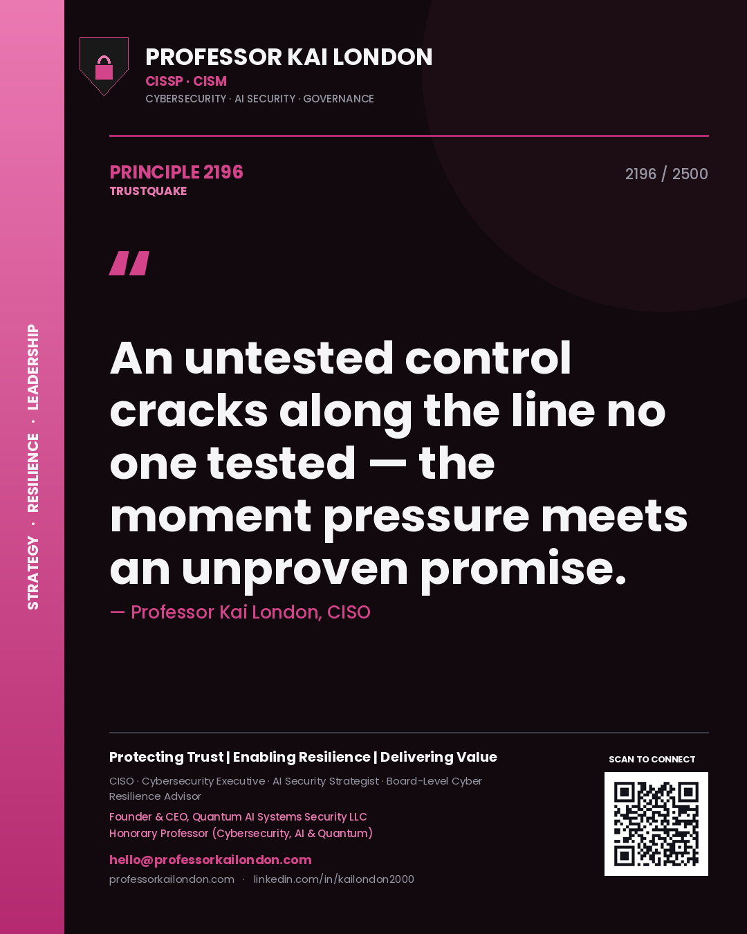 Quote card by Professor Kai London reading 'An untested control cracks along the line no one tested — the moment pressure meets an unproven promise.'. From the book Trustquake.