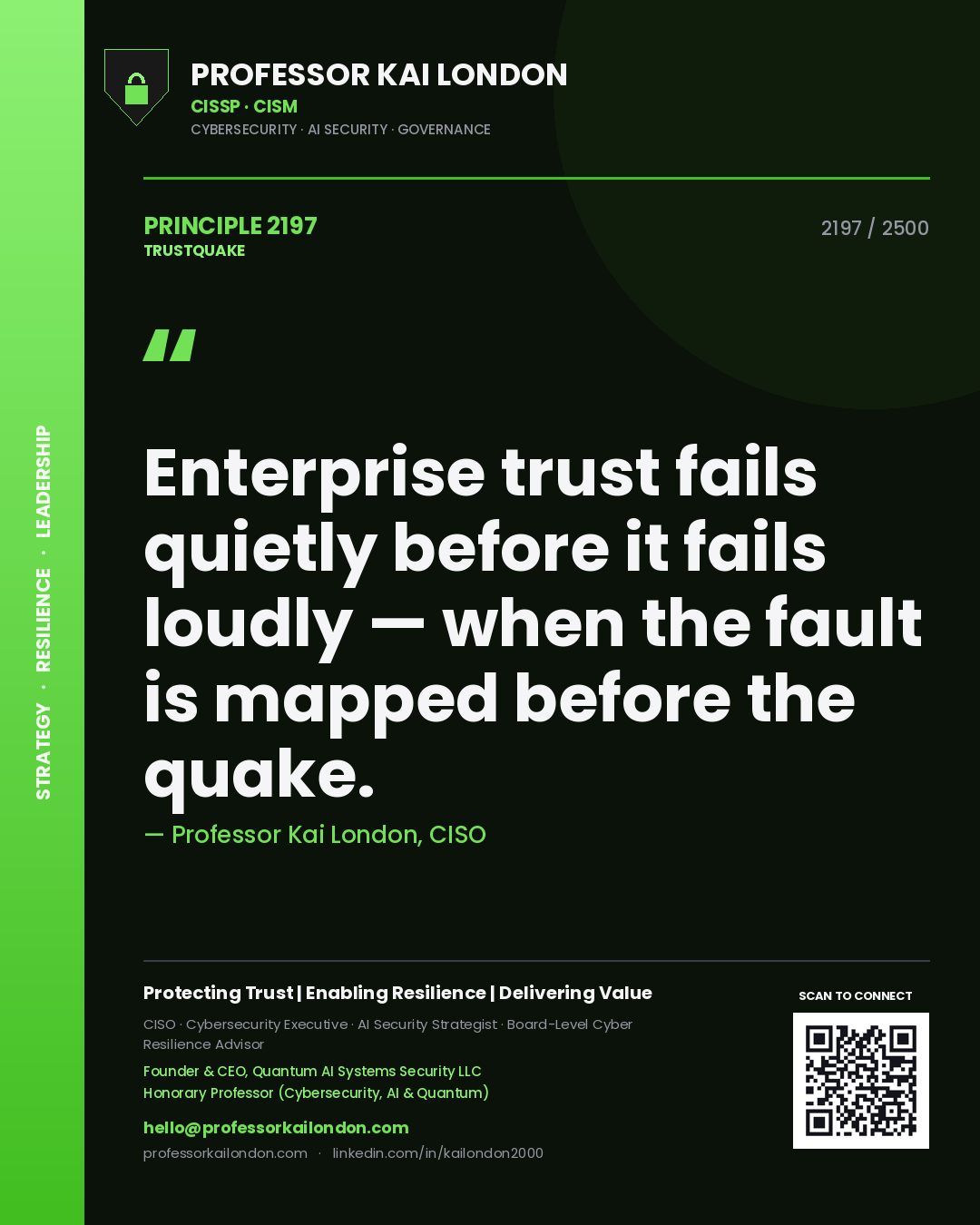Quote card by Professor Kai London reading 'Enterprise trust fails quietly before it fails loudly — when the fault is mapped before the quake.'. From the book Trustquake.