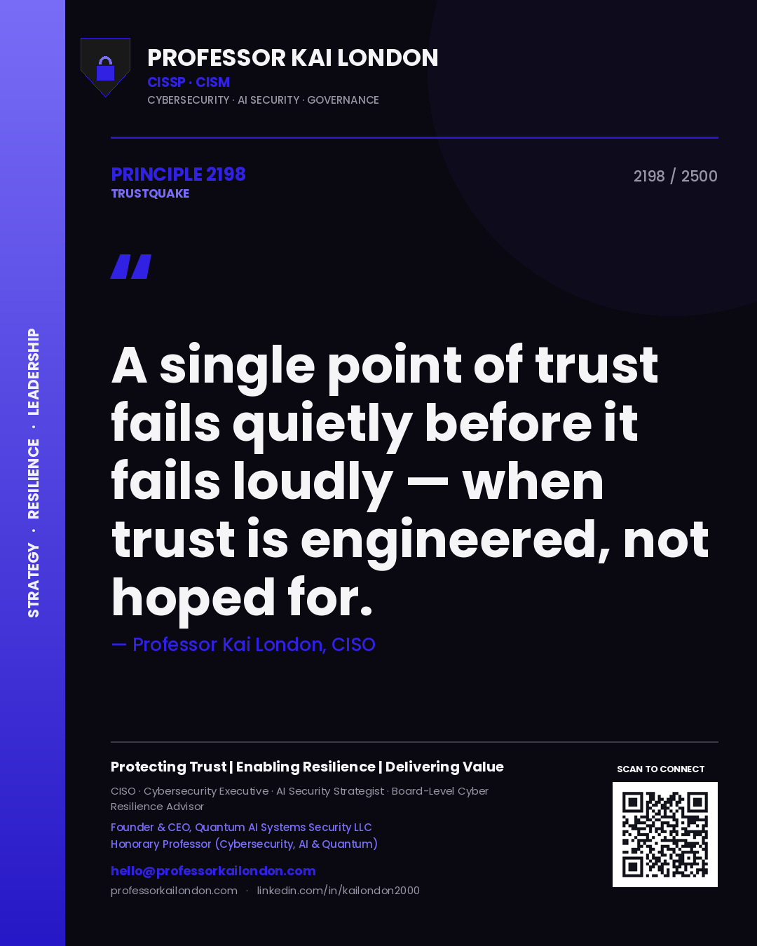 Quote card by Professor Kai London reading 'A single point of trust fails quietly before it fails loudly — when trust is engineered, not hoped for.'. From the book Trustquake.