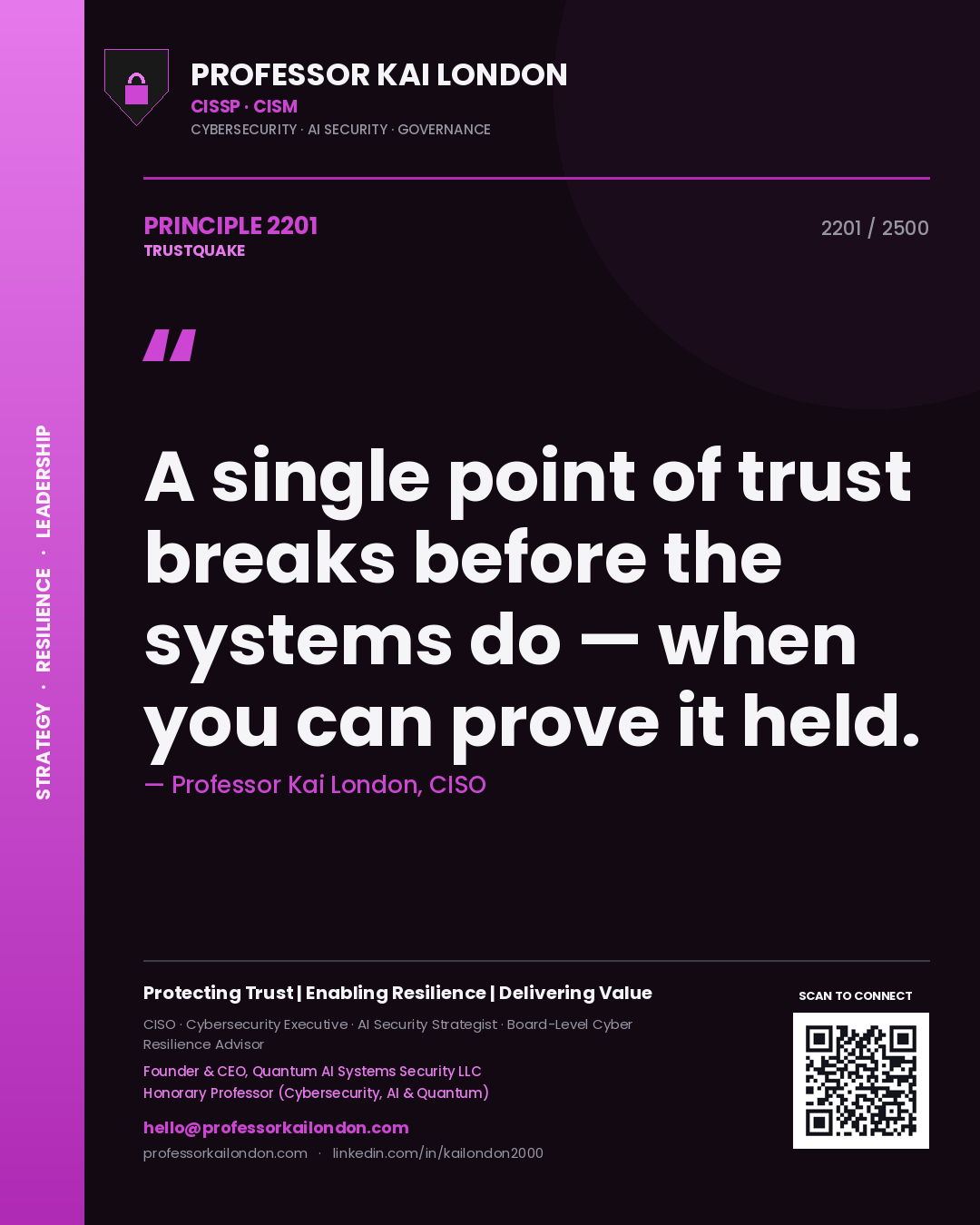 Professor Kai London principle 2201: A single point of trust breaks before the systems do — when you can prove it held.