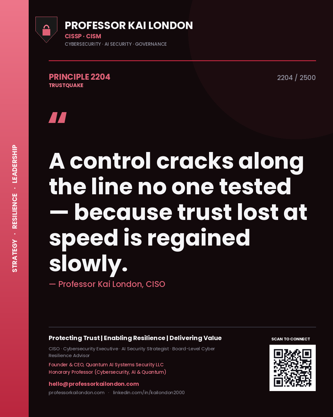 Quote card by Professor Kai London reading 'A control cracks along the line no one tested — because trust lost at speed is regained slowly.'. From the book Trustquake.