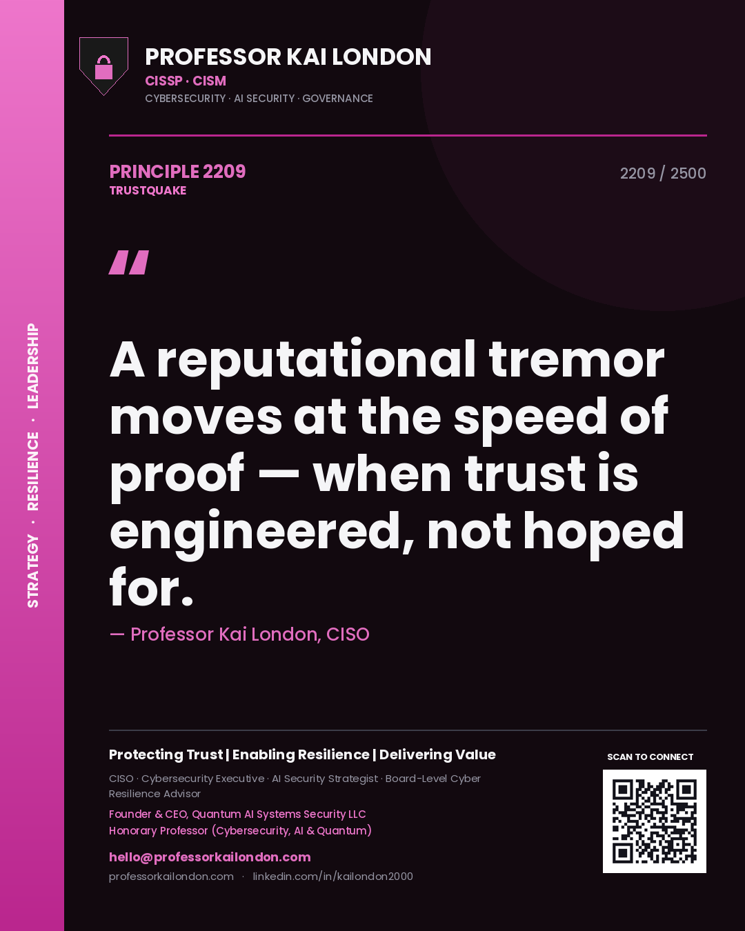 Professor Kai London principle 2209: A reputational tremor moves at the speed of proof — when trust is engineered, not hoped for.