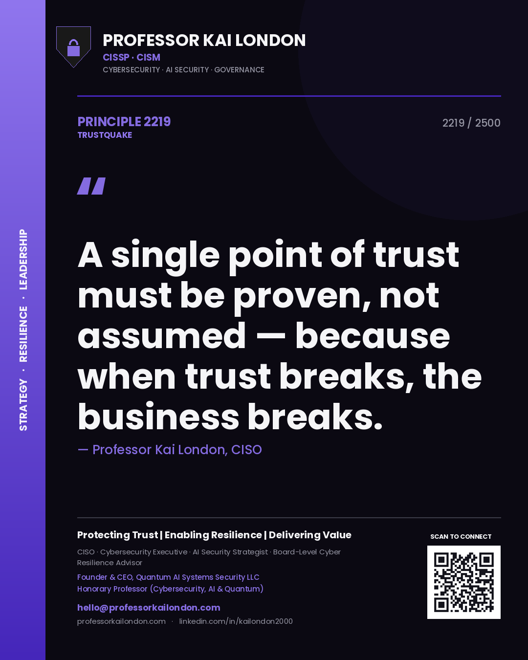 Quote card by Professor Kai London reading 'A single point of trust must be proven, not assumed — because when trust breaks, the business breaks.'. From the book Trustquake.