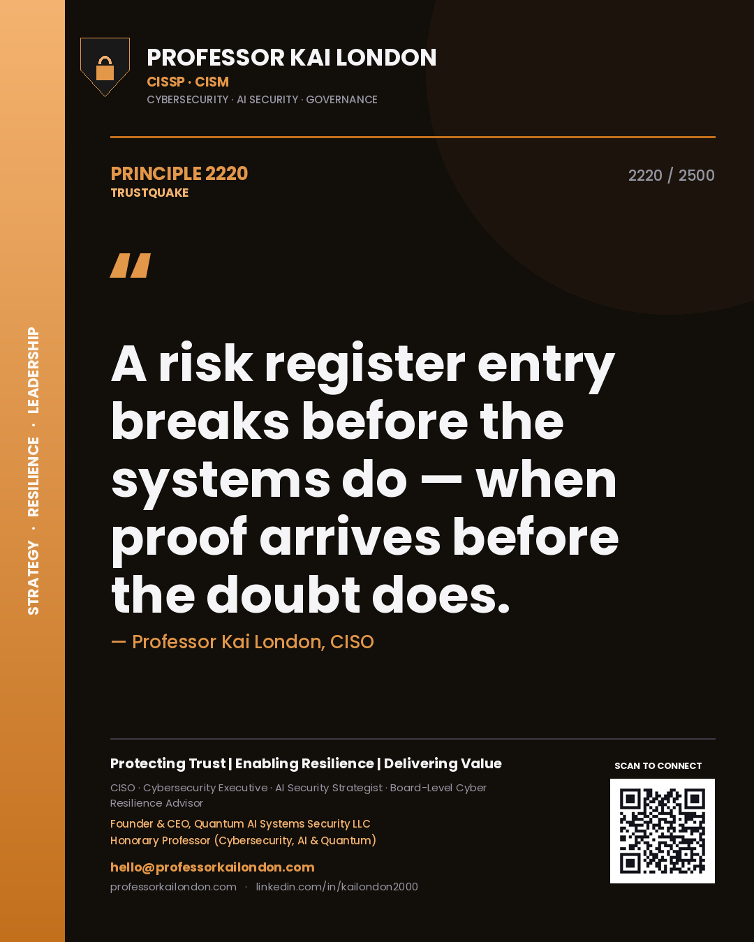 Professor Kai London principle 2220: A risk register entry breaks before the systems do — when proof arrives before the doubt does.