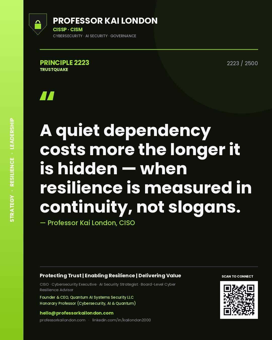 Quote card by Professor Kai London reading 'A quiet dependency costs more the longer it is hidden — when resilience is measured in continuity, not slogans.'. From the book Trustquake.