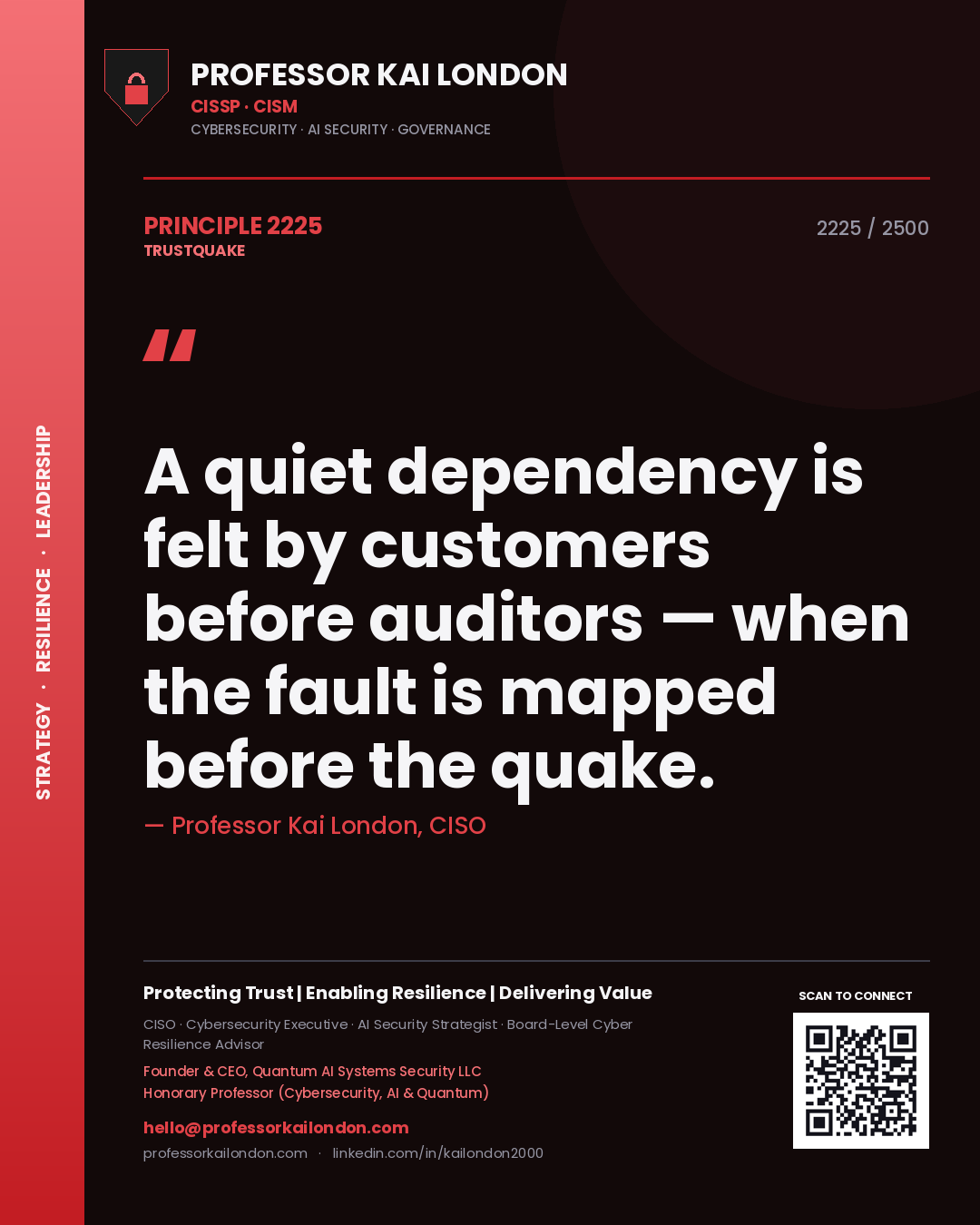 Quote card by Professor Kai London reading 'A quiet dependency is felt by customers before auditors — when the fault is mapped before the quake.'. From the book Trustquake.