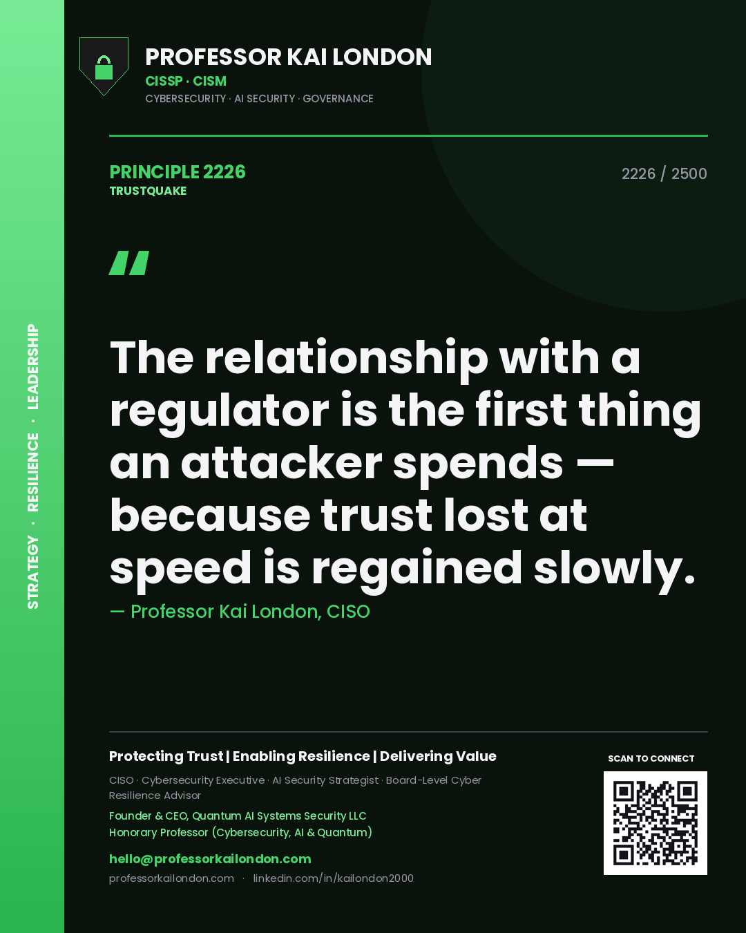 Professor Kai London principle 2226: The relationship with a regulator is the first thing an attacker spends — because trust lost at speed is regained slowly.