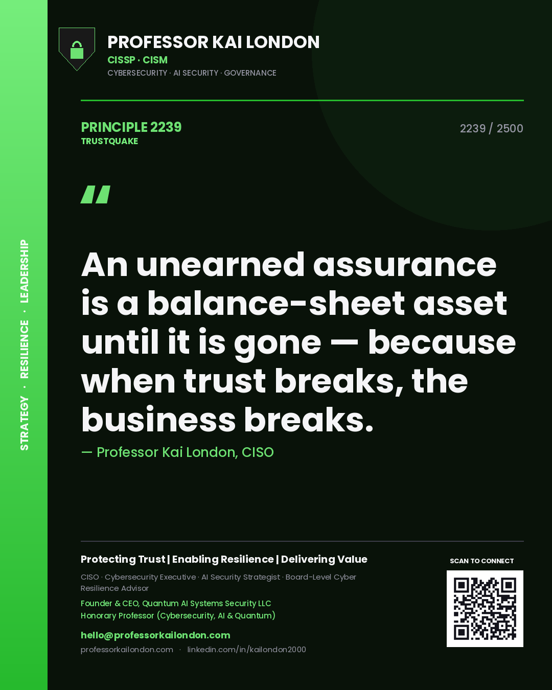 Professor Kai London principle 2239: An unearned assurance is a balance-sheet asset until it is gone — because when trust breaks, the business breaks.