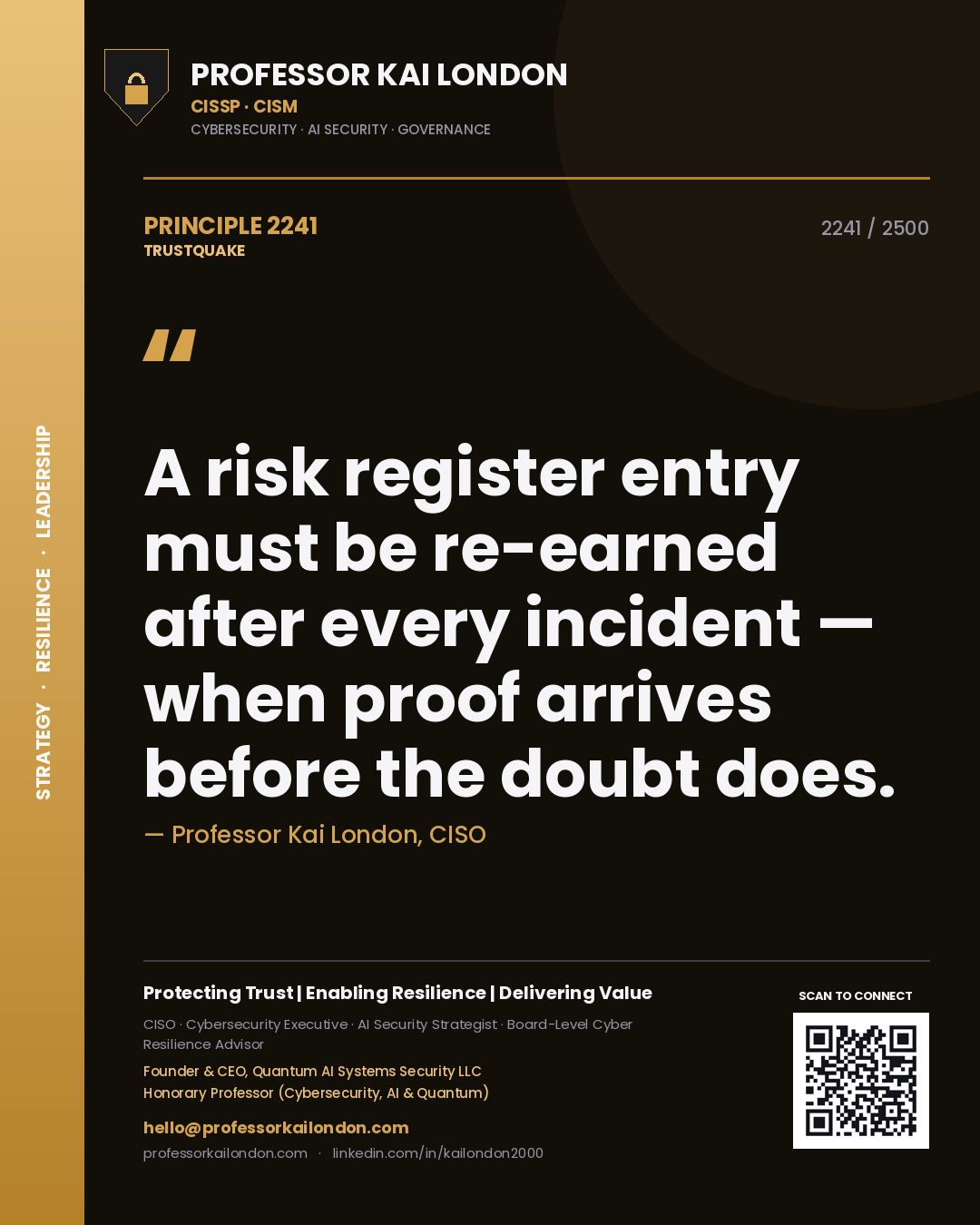 Professor Kai London principle 2241: A risk register entry must be re-earned after every incident — when proof arrives before the doubt does.