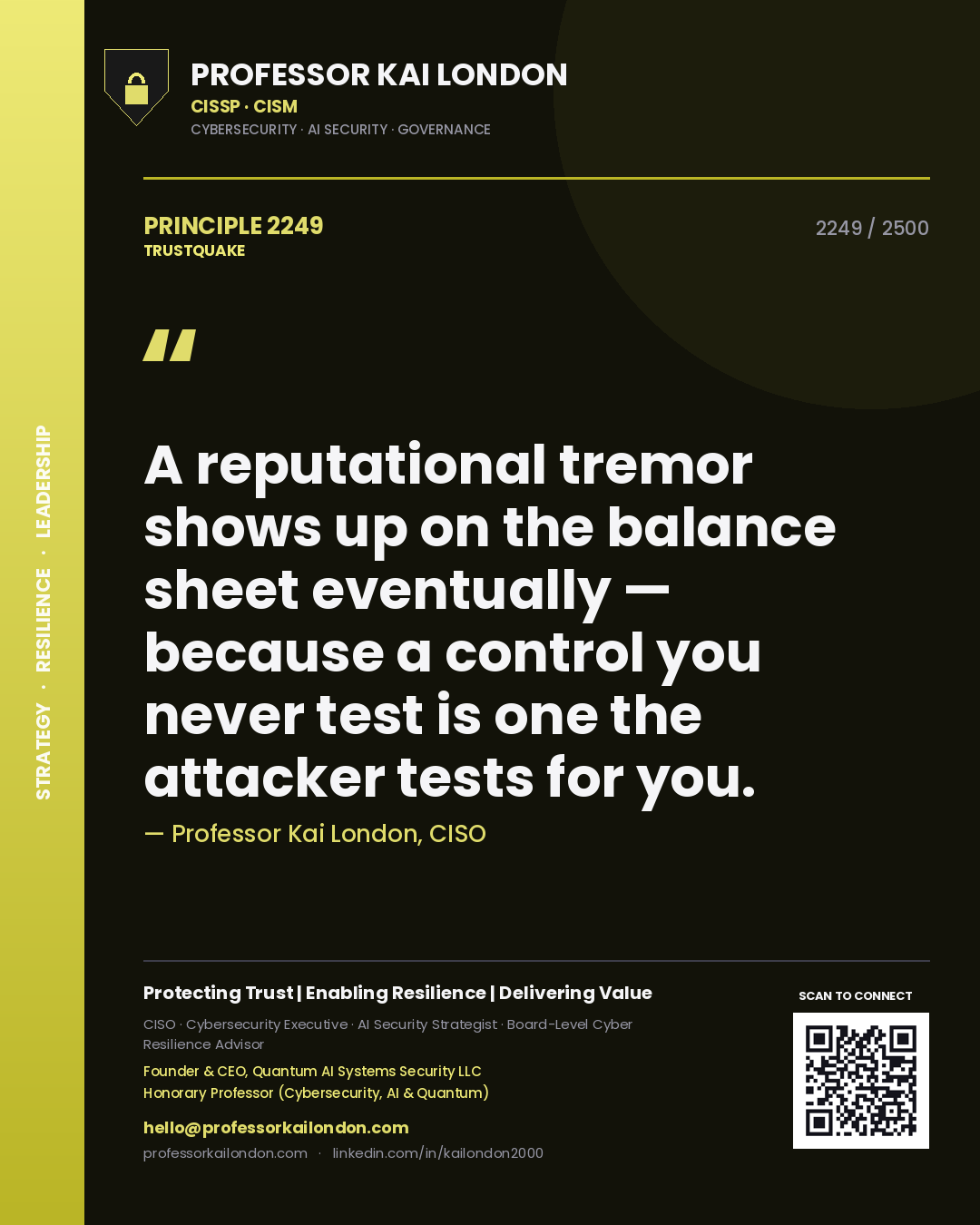 Professor Kai London principle 2249: A reputational tremor shows up on the balance sheet eventually — because a control you never test is one the attacker tests for you.