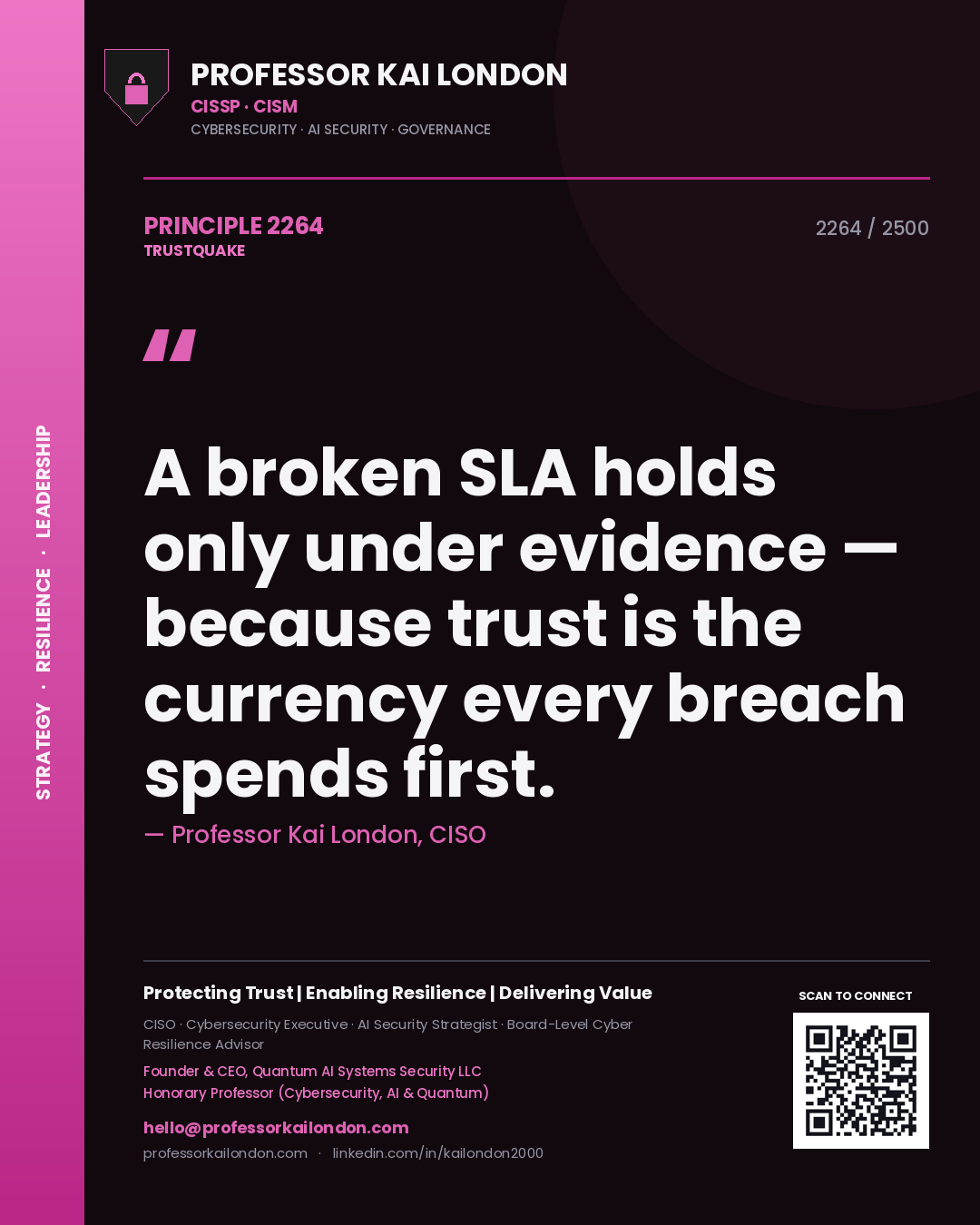 Quote card by Professor Kai London reading 'A broken SLA holds only under evidence — because trust is the currency every breach spends first.'. From the book Trustquake.